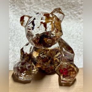 Resin Crystal Bear Figurine with Embedded Floral Accents